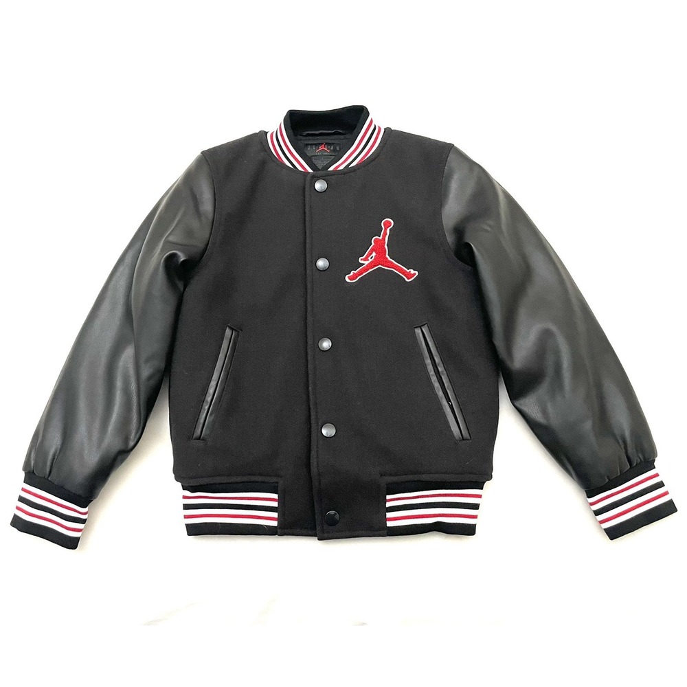 Air Jordan Kids Flight Varsity Jacket Small (8-10‎ YRS) Black / Red Faux Leather